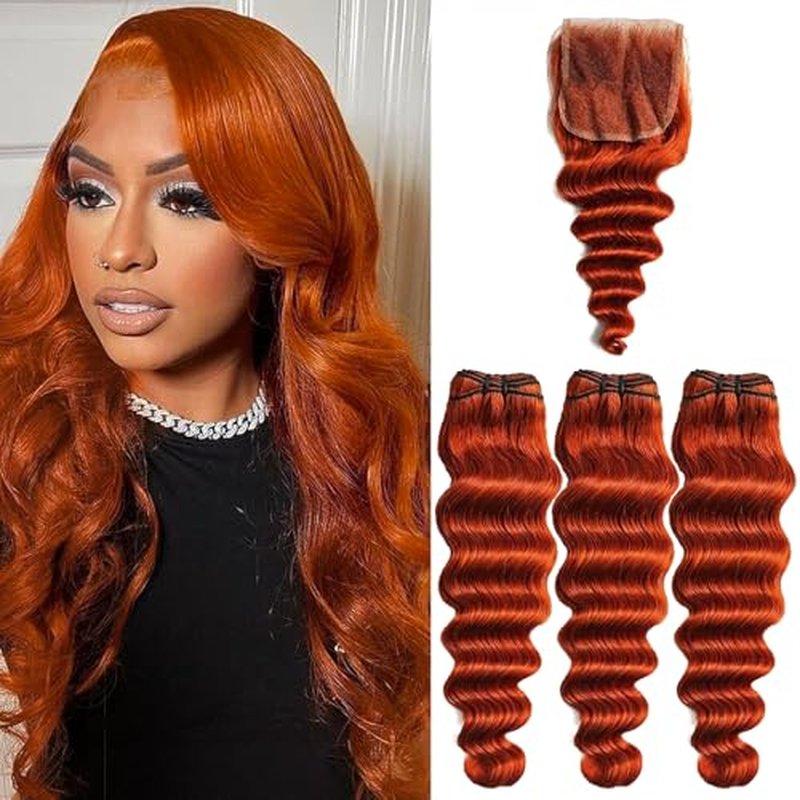 Ginger Bundles with Closure Human Hair Loose Deep Wave(12 14 16+12) 10A #350 Colored Free Part 4x4 Lace Closure and 3Bundles for Black Women