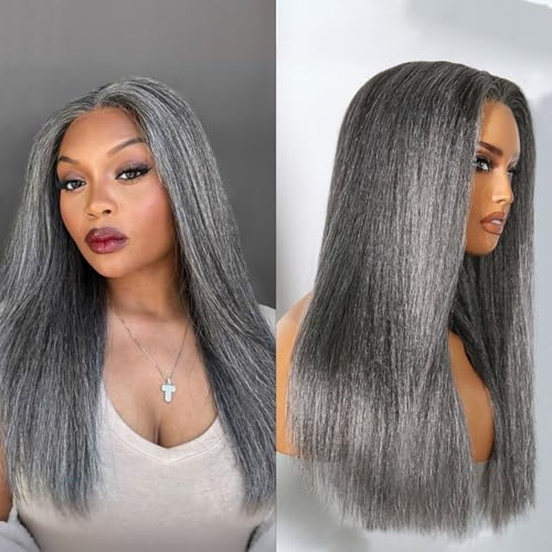LUVME HAIR 14 Inch Grey Salt & Pepper Silky Straight Wig Human Hair Glueless HD Lace Bob Wig with Mix Grey Color, pre plucked pre cut Lace Ready to Go Wigs For Women