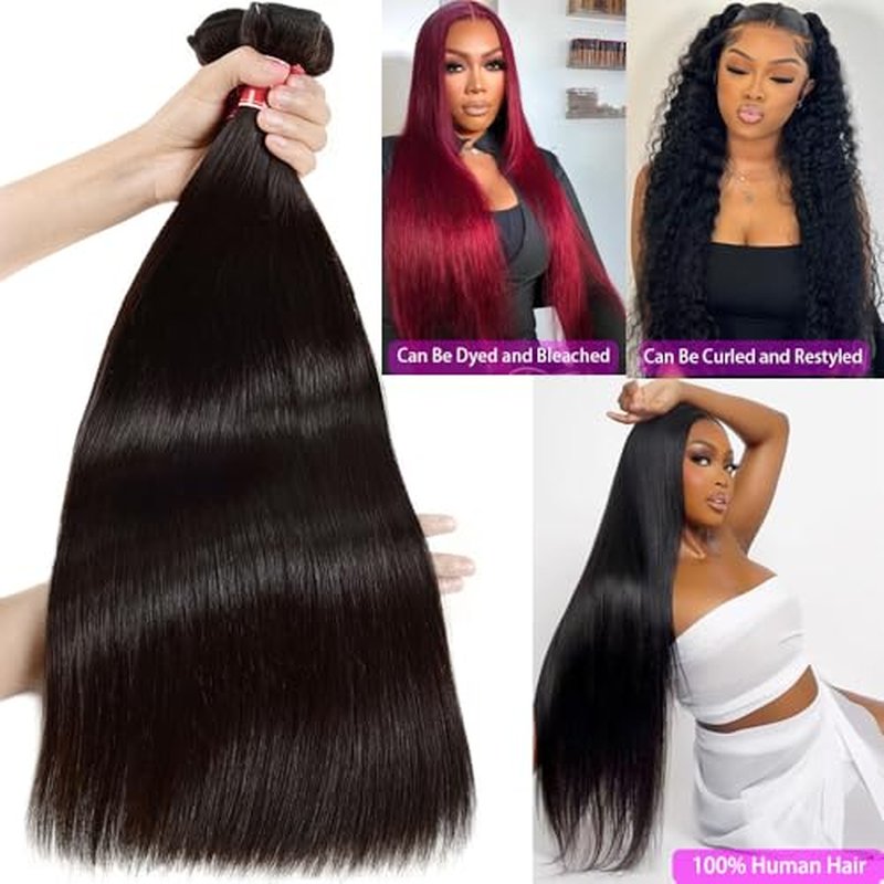 Human Hair Bundles Straight Bundles Human Hair Long Straight Weave 3 Bundles Human Hair 12A Grade 100% Unprocessed Brazilian Hair Extensions Natural Black Color 24 26 28 Inch