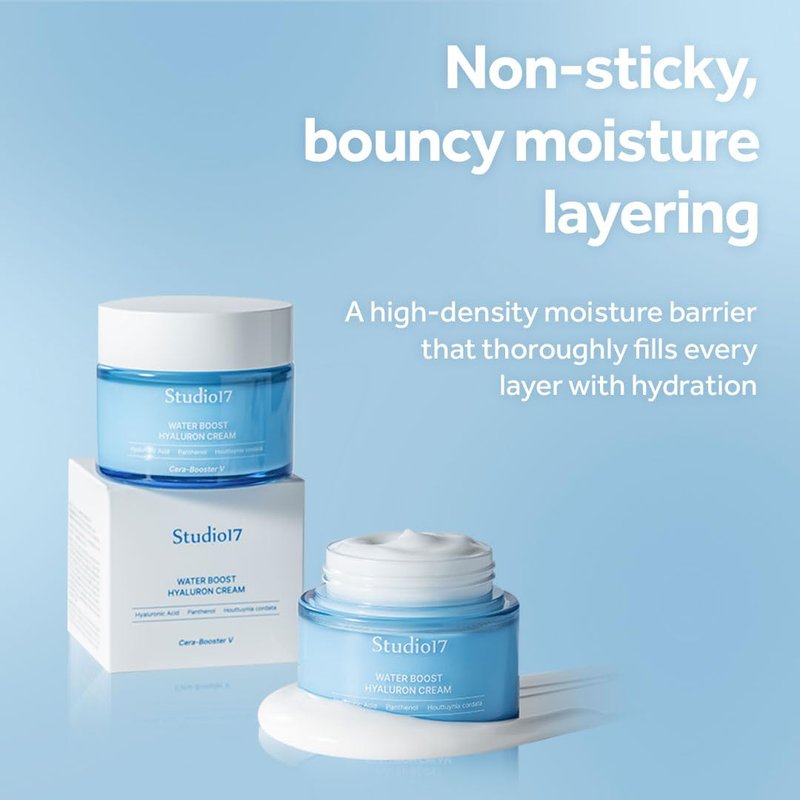 STUDIO17 Waterboost Hyaluronic Acid Cream 2.7 fl.oz. Korean Face Moisturizer with Cera-Booster V(Centella Asiatica) for Better Soothing Effect. Oat and Panthenol Included for Full Moisturizing