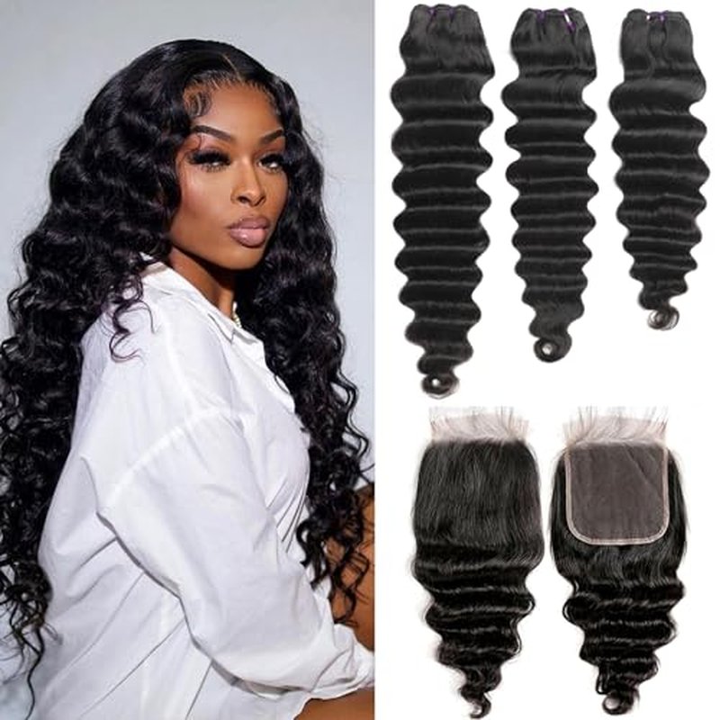 Loose Deep Wave 3 Bundles with 4x4 HD Lace Closure 16 18 20+14 Inch 100% Unprocessed Remy Brazilian Hair Wet and Wavy Bundles with Closure Human Hair Natural Black Color for Women