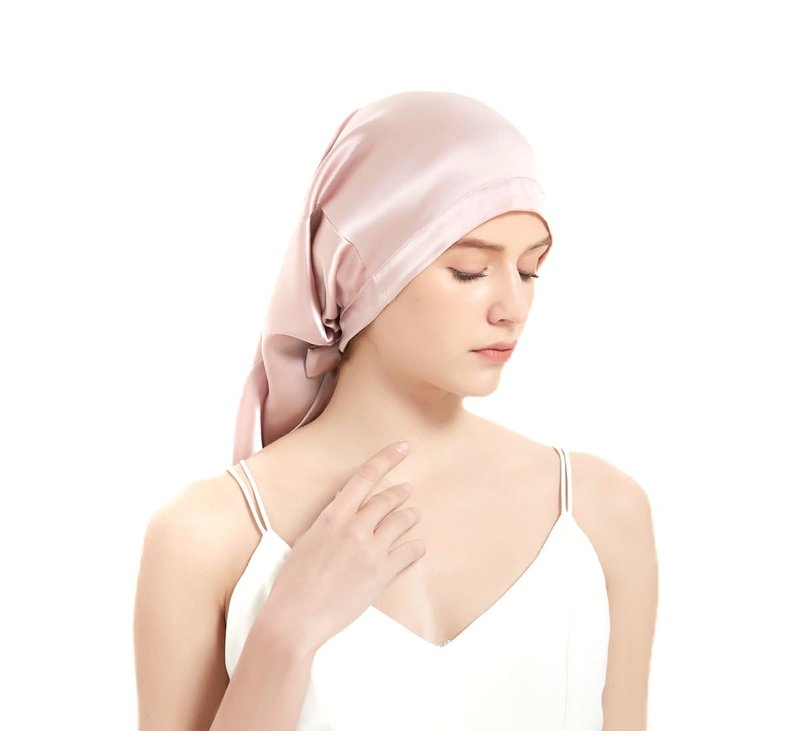 100% Mulberry Silk Bonnet 19 Momme - Long Sleeping Cap, Tie Band for Braids & Curly Hair - Silk Hair Wrap for Women Night Cap Light Pink