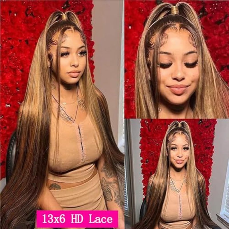Highlight 13x6 Lace Front Wigs Human Hair Pre Plucked HD Transparent Lace Frontal Wig Bralizian Virgin Human Hair Tiny Knots Natural Hairline with Baby Hair (4/27 Highlight, 28 Inch)