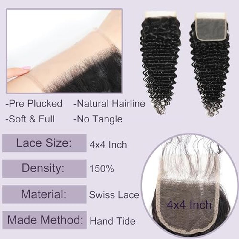 Deep Wave Bundles with Closure 16 18 20+14 Inch 4x4 HD Lace Closure, 13A Human Hair Bundles, Wet and Wavy 100% Brazilian Virgin Deep Curly 3 Bundles Human Hair Quick Weave Bundle for Women