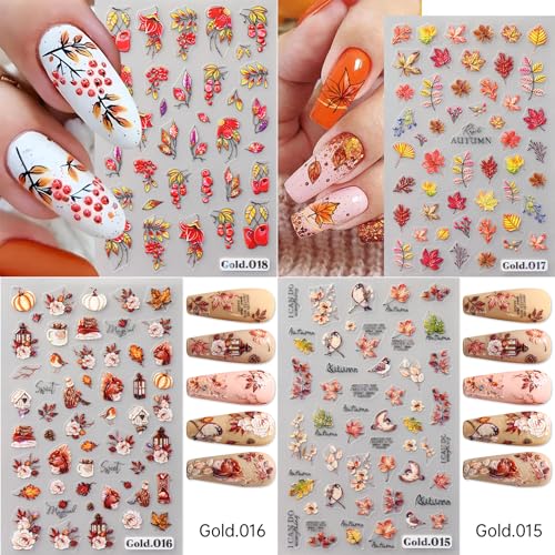 8 Sheets Christmas Nail Art Stickers 5D Embossed Winter Nail Decals Snowflake Maple Leaves Flowers Birds Squirrels Pattern Design Nail Stickers Supplies for Women Manicure Charms Decoration