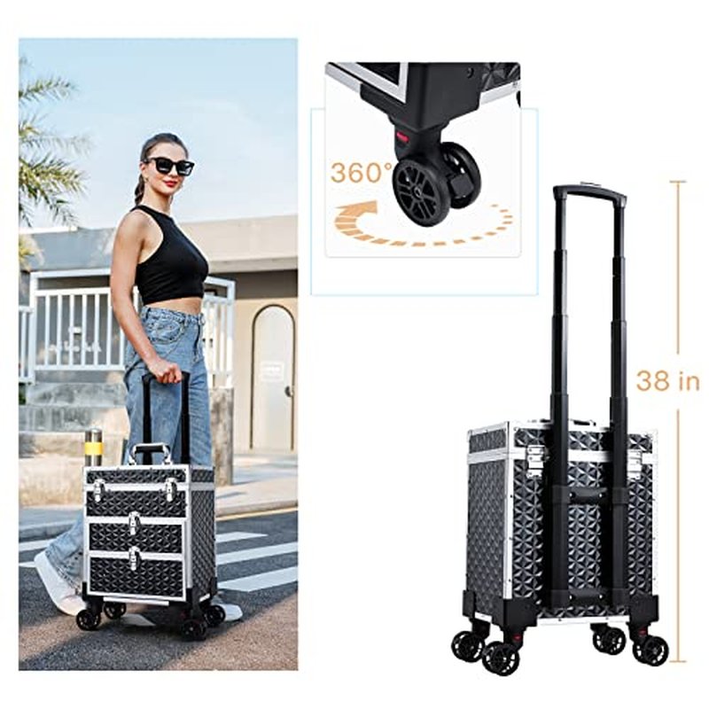 FRENESSA Professional Rolling Makeup Case Aluminum Trolley Train Case with 360¡Æ Swivel Wheels for Makuep Artist Travel Cosmetic Organizer with Sliding Drawers for Nail Tech Hairstylist Barber, Black