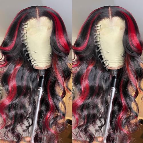 Red Highlight Lace Front Synthetic Wig Black Hair with Red Skunk Stripe 13x4 HD Lace Front Wigs Pre Plucked Heat Resistant 24 Inch Long Body Wave Wig for Fashion Women