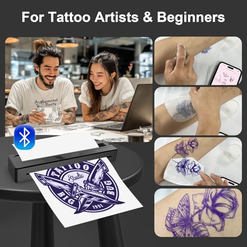 New Tattoo Stencil Printer - Wireless Bluetooth Thermal Kit with 10 Transfer Papers, Fits Custom-Size A4-A8 Width Thermal Paper, Works for Phones/Tablets/PC/Mac, for Artists & Beginners (Black)