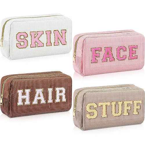 4 Pcs Travel Toiletry Bags for Women Preppy Makeup Bags Organizer Face Skin Hair Stuff Chenille Letter Pouch with Zipper Aesthetic Corduroy Skin care Hair Bag for Women Gifts