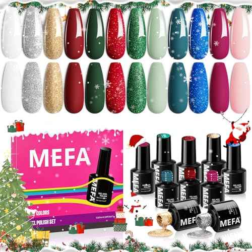 MEFA Christmas Gel Nail Polish Set Limited Edition, 12 Colors Burgundy Red Dark Green Glitter Gel Polish Winter Silver Gold Sparkle Nail Polish Manicure Soak Off Salon Christmas Gifts for Women Girl