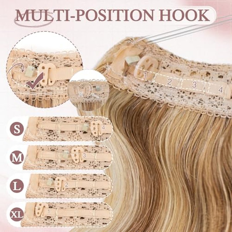 Halo Hair Extensions Real Human Hair Wavy Invisible Wire Hairpiece Adjustable One Piece With 2 Secure Clips For Women to Add Length,18 Inch 12P613 Golden Brown Mixed Bleach Blonde,65g