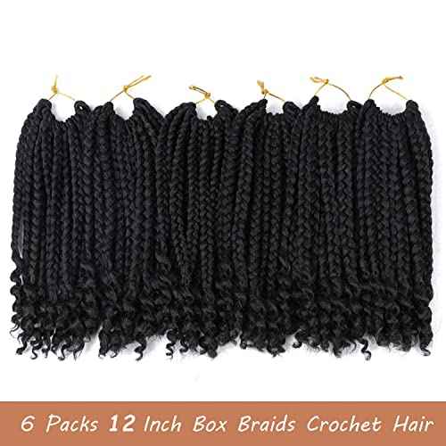 Layashow 12 Inch Crochet Box Braids Curly Ends 6 Packs Bohemian Box Braids Crochet Braid Hair for Black Women (1B, 12 Inch)