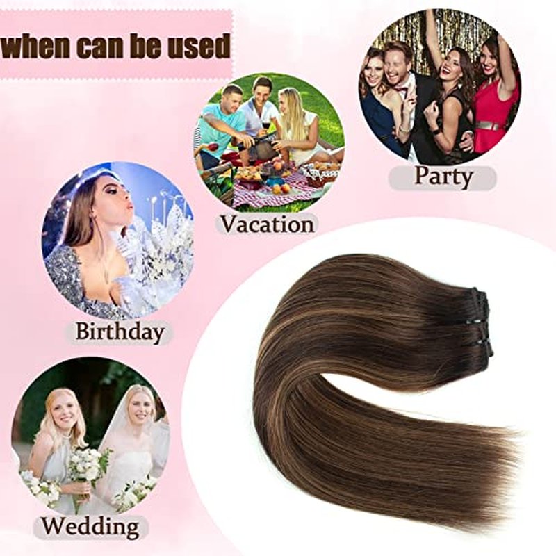 Clip in Hair Extensions Balayage Dark Brown Mixed Chestnut Brown Hair Extensions Clip in Human Hair Invisible Remy Natural Hair Silky Straight 120g 8pcs (24 inch, #2/6/2)