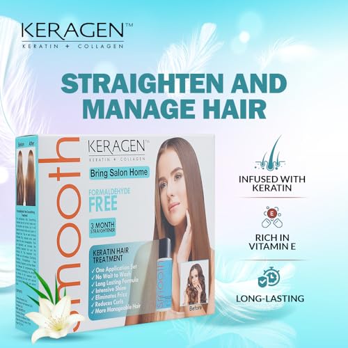 Keragen Brazilian Keratin Smoothing Treatment - Formaldehyde-Free Express Home Blowout Kit - Straightens & Smooths Frizz - Includes 2 Oz Treatment, Clarifying Shampoo & Aftercare Samples