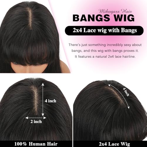 Lace Closure Human Hair Wigs With Bangs 2x4 Lace Front Wigs For Women 200% Density Brazilian Virgin Hair Glueless Wig Natural Black Color(18 Inch)