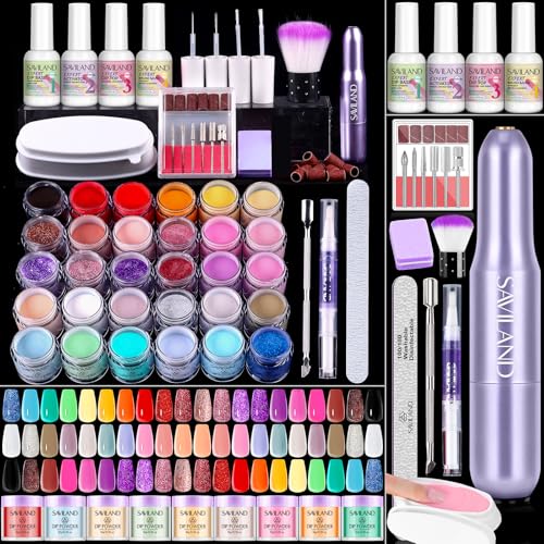 SAVILAND Dip Powder Nail Kit with Drill: Starter Set 30 Colors Summer Spring Keratin Dip Nails Powder with Dipping Liquid Set Activator Base Top Coat Cuticle Oil for DIY Manicure Nail Art