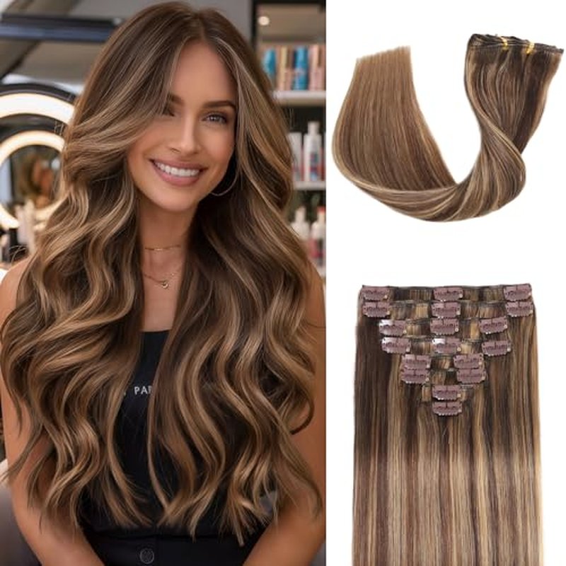 Clip in Hair Extensions Real Human Hair, 22 inch 110g, Balayage Invisible Remy Human hair Clip in Extensions for Women Seamless Straight 8Pcs Double Weft Chocolate Brown to Caramel Blonde