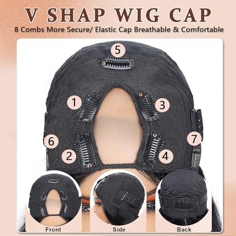 V Part Wig Human Hair Body Wave Upgrade U Part Human Hair Wig With Adjustable Drawstring 200% Density V Shape Clip In Half Wig For Women Natural Color 18 Inch