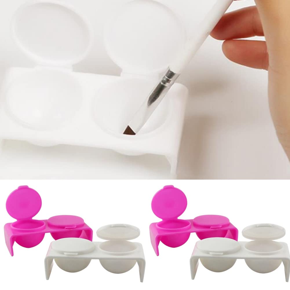 4 Pack Double Cup Plastics Nail Art Cup Bowl Dappen Soaking Dish with Lids for Mixing Acrylic Powder Liquid Nail Art Manicures Tools, Washing Brush Cup (White, Rose Red)