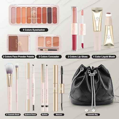 Color Nymph Makeup Set for Teens Girls with Cosmetic Bag, Full Face Makeup Kit For Women included 9 Color Eyeshadow Palette Concealer Liquid Blush Eyeliner Lipgloss