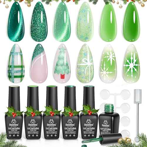 beetles Gel Polish Christmas Green Gel Nail Polish Set 6 Colors Cat Eye Jelly Glitter for Salon Manicure Nail Art DIY at Home UV LED Needed Gifts for Women Girls Enchanted Forest