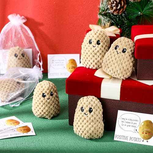 12 Sets Knitted Potato Gifts Christmas Mini Potato Crochet Gifts with Positive Cards Bags Encouragement Support Supplies for Xmas Coworker Employee Team Birthday Party Decor (Classic)