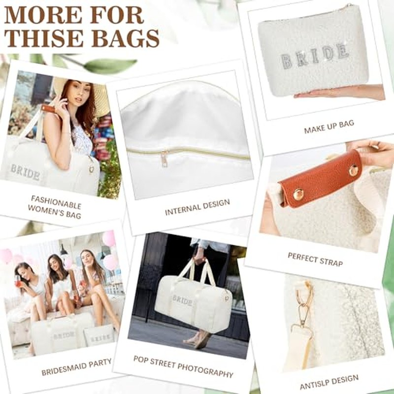2 Pcs Bride Travel Bag Bridal Shower Gifts Wool Plush Bride Weekender Bag with Shoes Compartment Shoulder Pearl Rhinestone Patch Makeup Gift for Wedding Engagement Honeymoon
