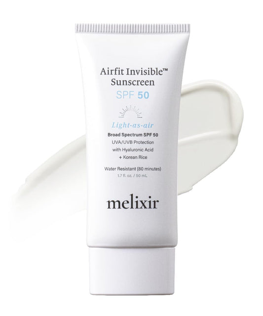 Melixir Airfit Invisible™ Sunscreen SPF 50, Broad Spectrum Korean Rice Sunscreen for Face, Hyaluronic Acid, Moisturizing Daily Protection for Sensitive Skin, No White Cast, Waterproof (1.7fl.oz./50ml)