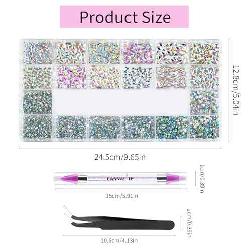 Canvalite 12 Types of 600Pcs Crystal Nail Charms & 5710Pcs Rhinestones for Nails Diamonds for DIY Crafts Flat Back Resin Rhinestones Transparent AB Gemstones Set with Drill Pen & Tweezer