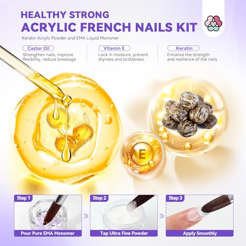 SAVILAND Acrylic Nail Kit: Keratin Acrylic Powder with Castor Oil Vitamin E Nail Primer Nail Glue French Tips Pink Rhinestones Complete Tools Everything for Beginners DIY Home Salon Christmas Gift