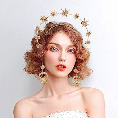 M&C Music Color Halo Crown Moon Stars Goddess Crown Halo Headband Crown Celestial Headband Tiaras Crowns for Women Wedding Bridal Prom Tiara with Star Earrings Dangle Gold