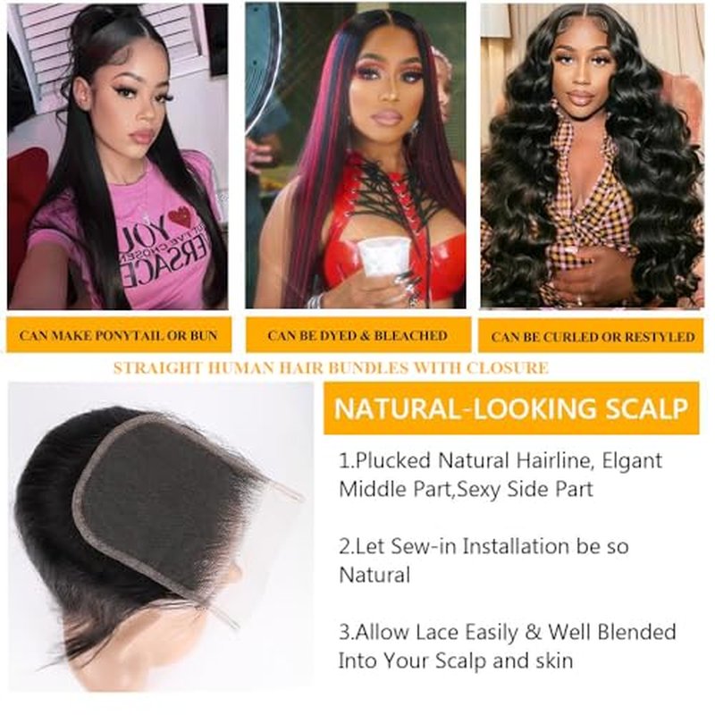 QTHAIR 16A Grade Straight Human Hair Bundles with HD Lace Closure(14" 14" 16"+12"Free Part Lace Closure,Natural Black) 100% Unprocessed Brazilian Virgin Hair Extensions