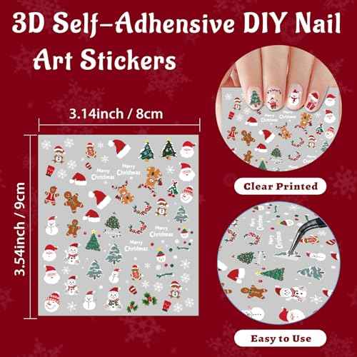 9 Sheets Christmas Nail Stickers for Girls Women and Kids, Nail Art Stickers Snowman Penguin Elk Santa for Nail Art Decoration with Tweezers for Christmas Stocking Stuffers & Gifts