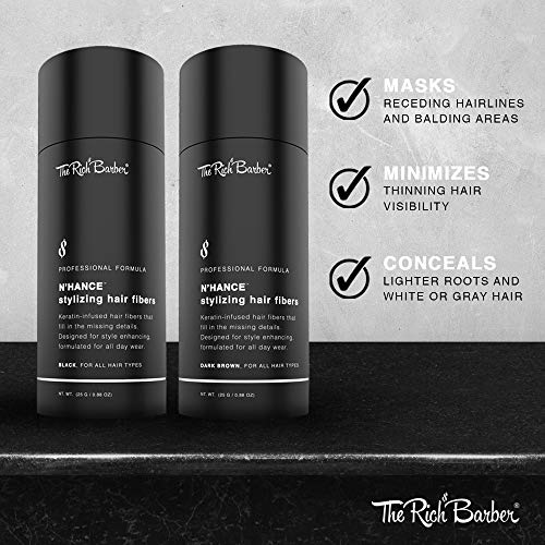 The Rich Barber N¡¯Hance Hair Building Fibers, 3 Month Supply - Barber Hair Thickening Fibers, 25 grams - Grey Hair Concealer Spray - Sharper Hairlines, Thicker Beard & Fuller Hairstyling (Black)