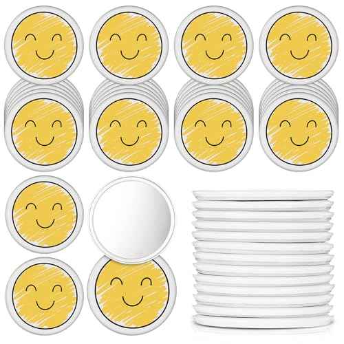 Geetery 30 Pcs Inspirational Smile Face Compact Mirrors Bulk Mini Pocket Mirrors Emoticon Gifts for Students Party Favors Yellow Portable Birthday Wedding Shower Party Supplies