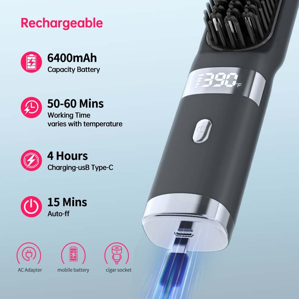 Cordless Hair Straightener Brush Portable on The go Comb for Travel USB chargingTwo Power sources30s Fast HeatingLCD Large Screen Display (Black) 040404