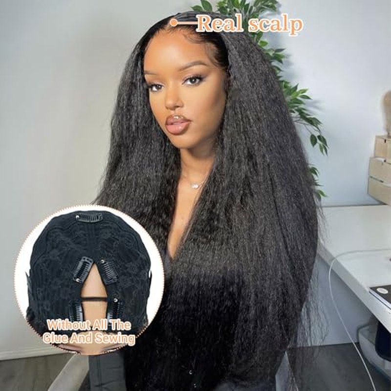 V Part Human Hair Wig Kinky Straight V Part Wig Human Hair for Black Women 18 Inch Glueless Wigs Clip Upgrade Natural Beginner Friendly Middle Part 200% Density