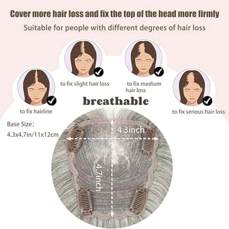 viviaBella Human Hair Hand-tied Swiss Lace Base HairToppers Natural Looking no Bangs, Clip in Real Human HairToupee for Women with Thinning Hair 4.3"X4.7" Big Coverage 12 Inch Hairpieces (Pepper Salt)