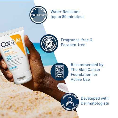CeraVe Hydrating Sheer Sunscreen with SPF 30 for Face and Body, Mineral & Chemical Sunscreen for Men & Women with Zinc Oxide, Hyaluronic Acid and Ceramides, Paraben-Free + Fragrance-Free, 5 Ounces