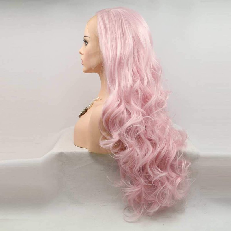 xiweiya Baby Pink Wig Long Body Wave Light Pink Synthetic Lace Front Wigs Heat Resistant Fiber Hair Wig Middle Part Cosplay Wigs 24inch