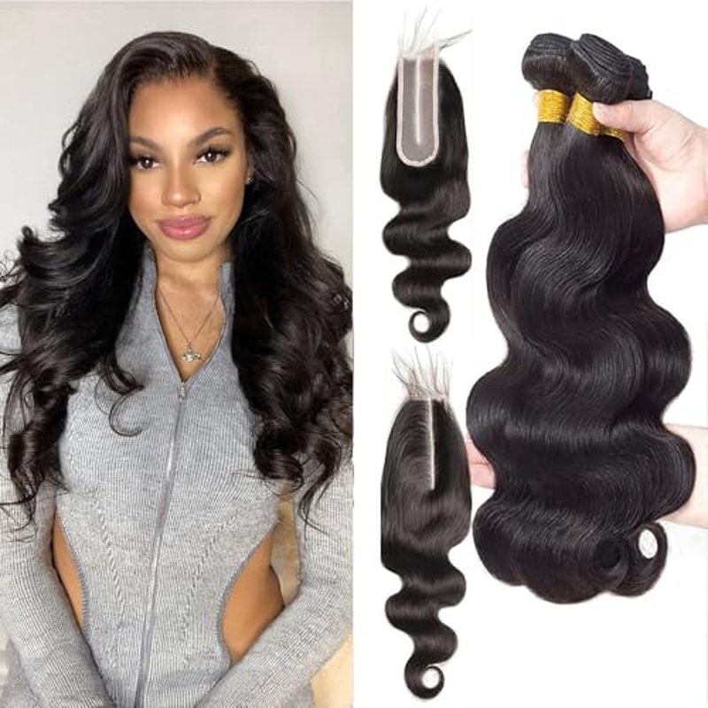 Body Wave Bundles with Closure Human Hair 16-20+2x6 HD Lace Closure 14Inch Brazilian 100% Human Hair Quick Weave Wavy Curly for Women Natural Black