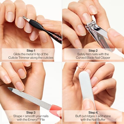 Revlon Manicure Essentials Kit with Travel Case, Nail Care Set with Dual Ended Cuticle Trimmer, Curved Blade Clippers, Compact Emeryl File & Buffer (Pack of 1)