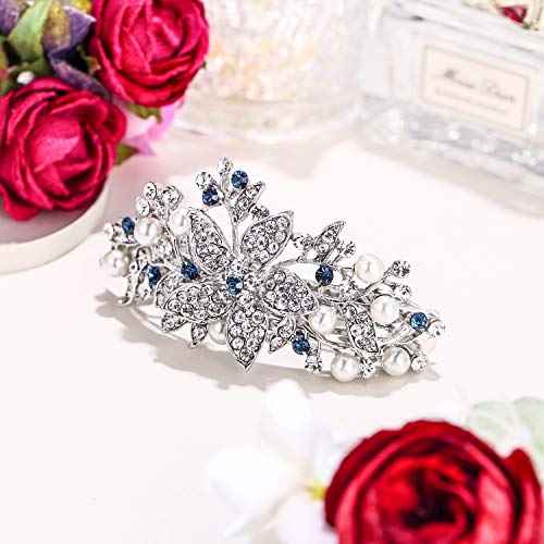 EVER FAITH Austrian Crystal Bridal Hibiscus Cream Simulated Pearl Hair Clip Barrette Blue Silver-Tone