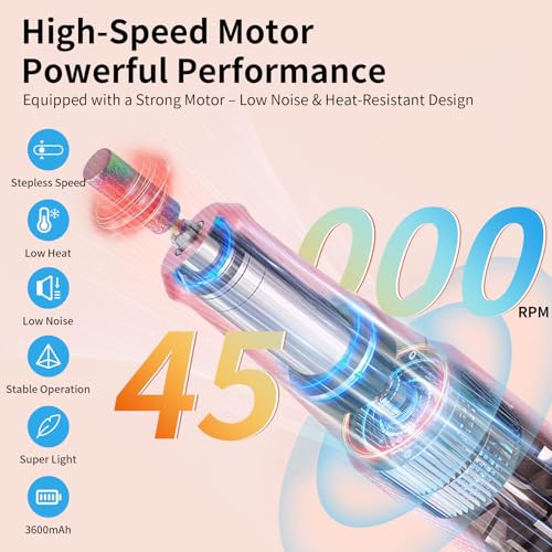 Electric Nail Drill Machine 45,000RPM - Professional Electric and Rechargeable Nail Drill with LCD Display, 6 Bits and 30 Sanding Bands, Low Heat Quiet E-File for Acrylic Gel Nails (Light Pink)