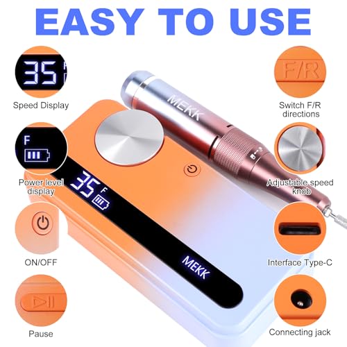 MEKK Nail Drill Kit,35000RPM Electric Nail Drill Professional Electric Nail File with 12PCS Bits,Anti-Shaking Cordless E Filer for Nails,Home & Salon(Orange Blue)