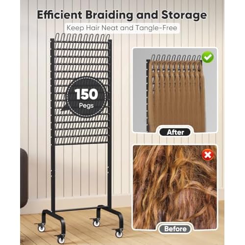 150 Pegs Braiding Hair Rack, Adjustable Hair Separator Stand with Wheels, Hair Extension Holder for Hair Stylists, Braiders, Home, Salon, Beauty School, Black