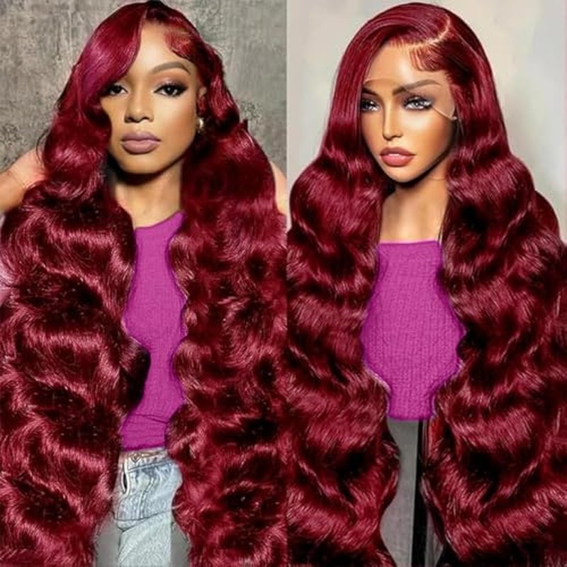 28 Inch 99J Burgundy Lace Front Wigs Human Hair 200 Density 13x6 HD Transparent Body Wave Lace Front Human Hair Wig Pre Plucked Wine Red Colored for Women