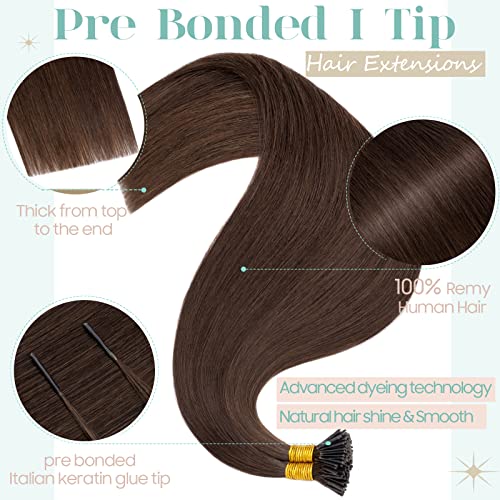 S-noilit I Tip Hair Extensions Real Human Hair for Women 100Strands 50Gram Keratin Glue K Tip Pre bonded Fusion Stick Tip Human Hair Piece Invisible Tipped in Hair 18 Inch #04 Medium Brown