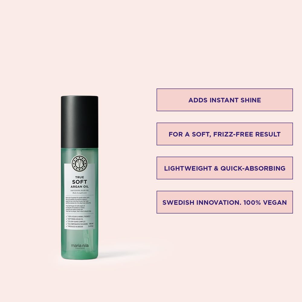 Maria Nila True Soft, Moisturizing Argan Oil For Dry Brittle Hair, Argan Oil Remoisturises & Reduces Frizz, 100% Vegan & Sulfate/Paraben free, 3.4 Fl Oz