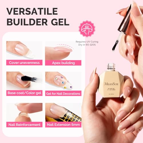 MelodySusie Clear Builder Nail Base Gel for Nails Thickening, Soak Off UV Extension Gel, Rhinestone Nail Glue in a Bottle for Nail Art Design Salon DIY Manicure at Home Gift for Women